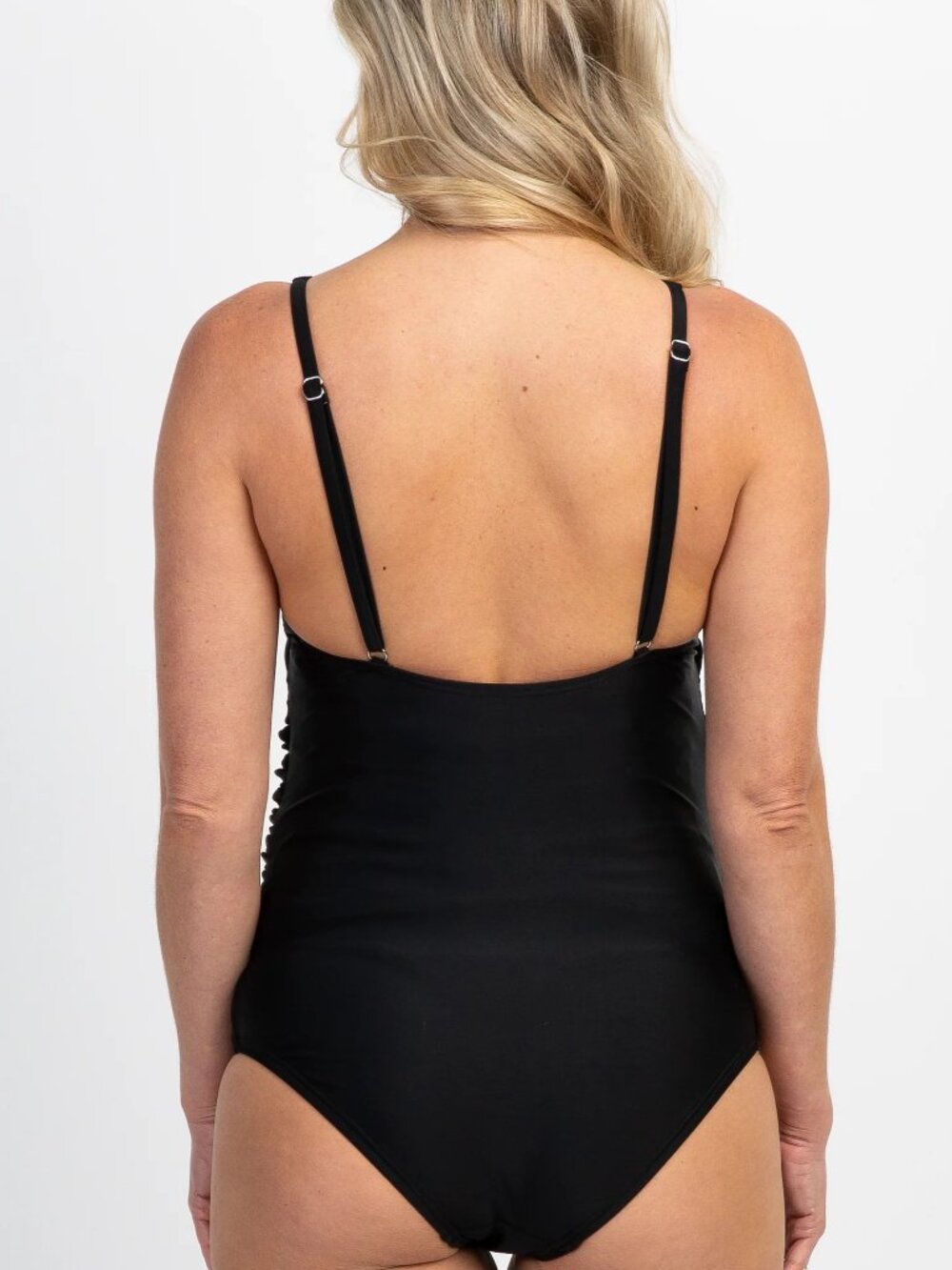 PinkBlush Black Scoop Front Low Back Ruched One-Piece Maternity Swimsuit - Picture 9 of 9